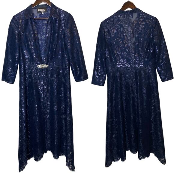 Vintage Ursula of Switzerland Lace Long Evening Jacket Navy Blue Formal, size 10 - Picture 1 of 4